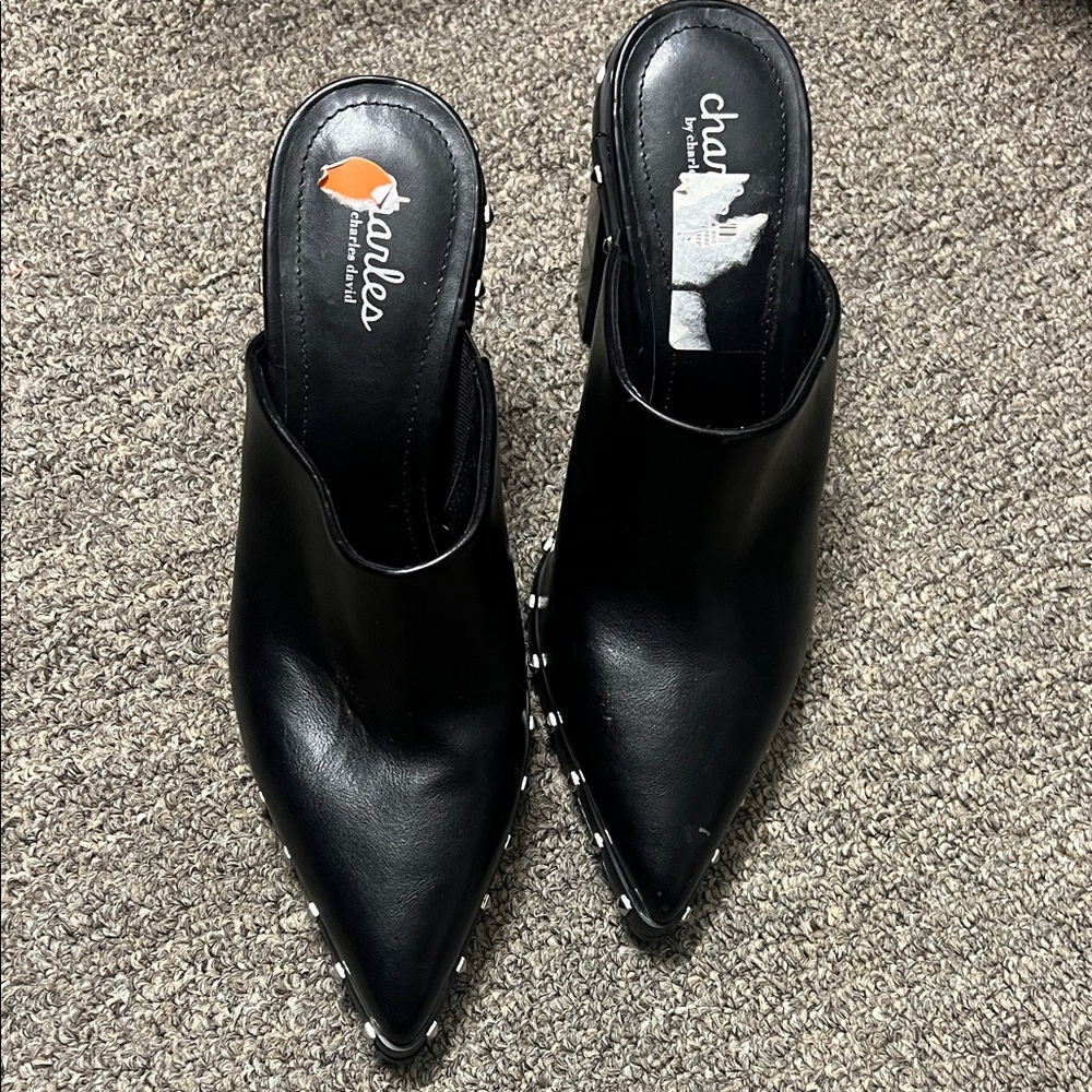 Charles by Charles David Black Pointed Stud-Trim Slip-On Mules